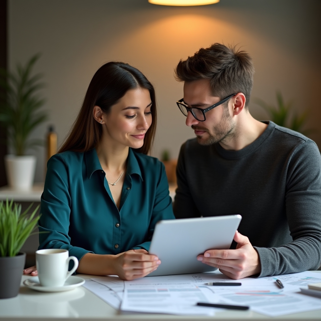 Супруги вместе рассматривают семейный бюджет за столом