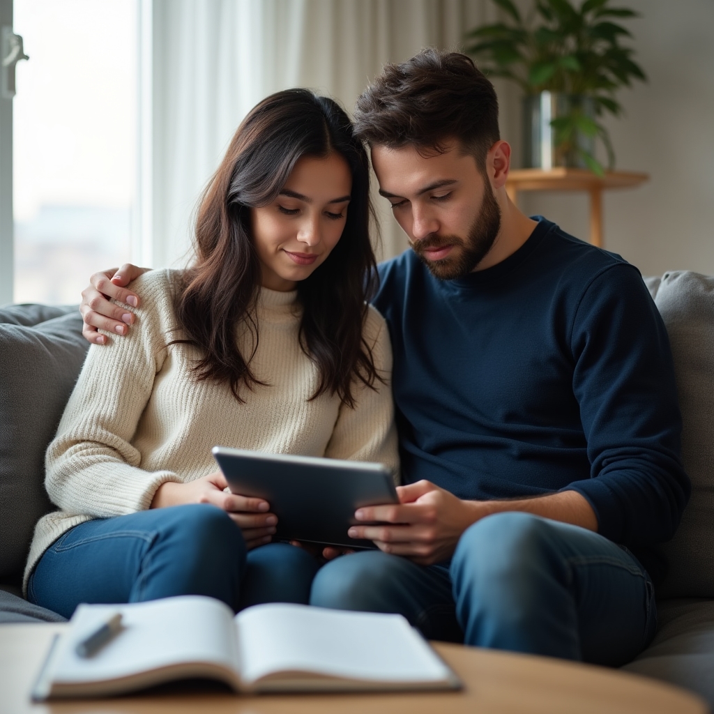Пара изучает финансовые материалы на планшете